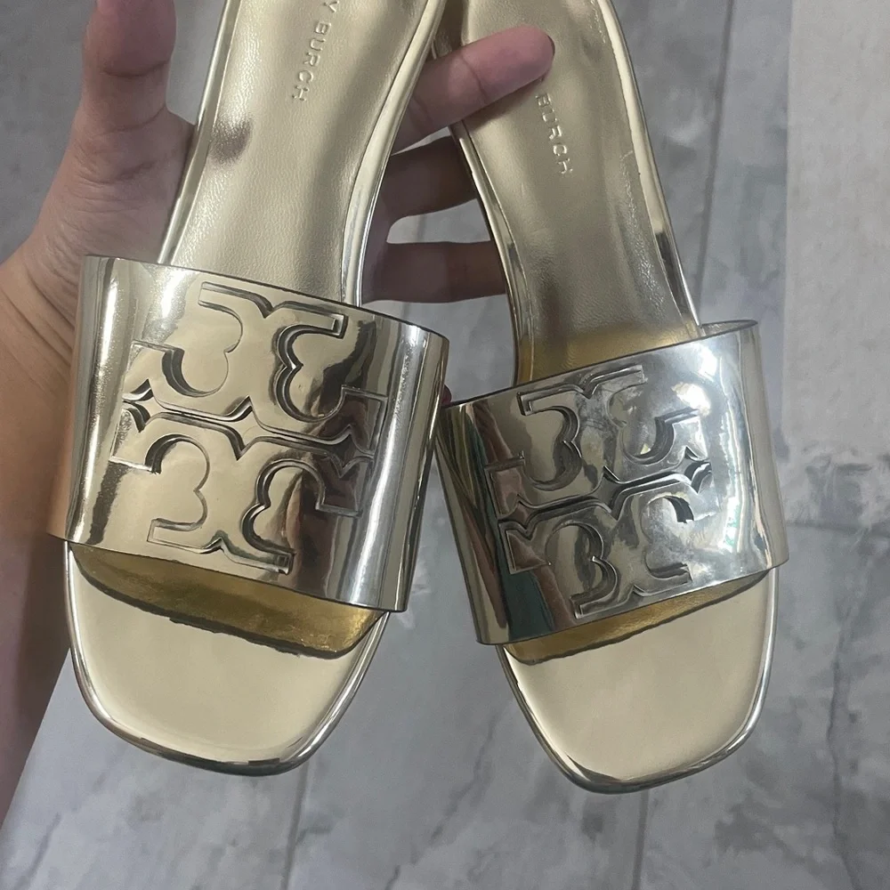 Tory Burch Metallic Gold Slide Sandals with Logo Accent